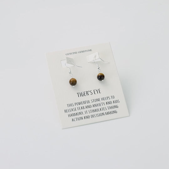 Tigers Eye Gemstone Round Drop Earrings with Quote Card