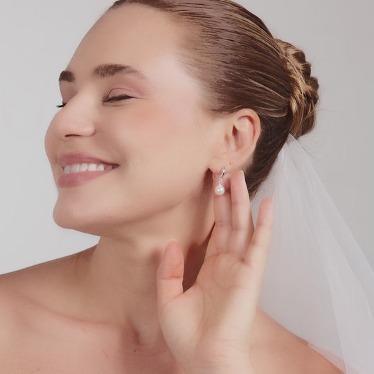 Silver Plated Pearl Drop Bridal Hoop Earrings