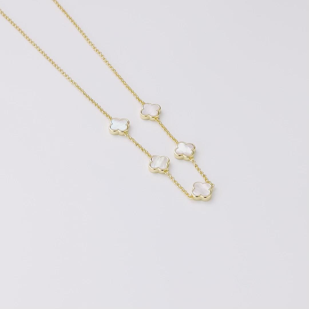 18k Gold Plated Mother of Pearl Gemstone Multi Clover Necklace