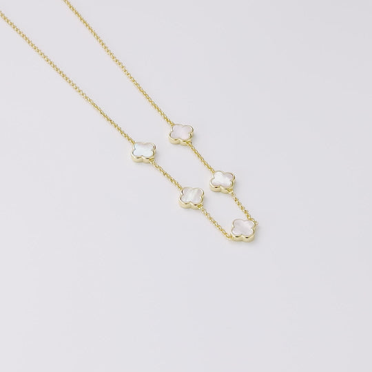 18k Gold Plated Mother of Pearl Gemstone Multi Clover Necklace