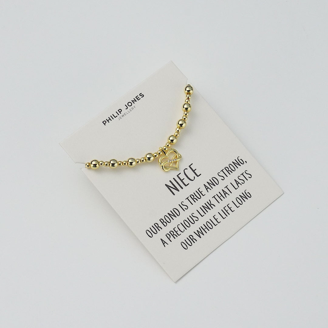 18k Gold Plated Infinity Heart Beaded Stretch Niece Bracelet with Quote Card