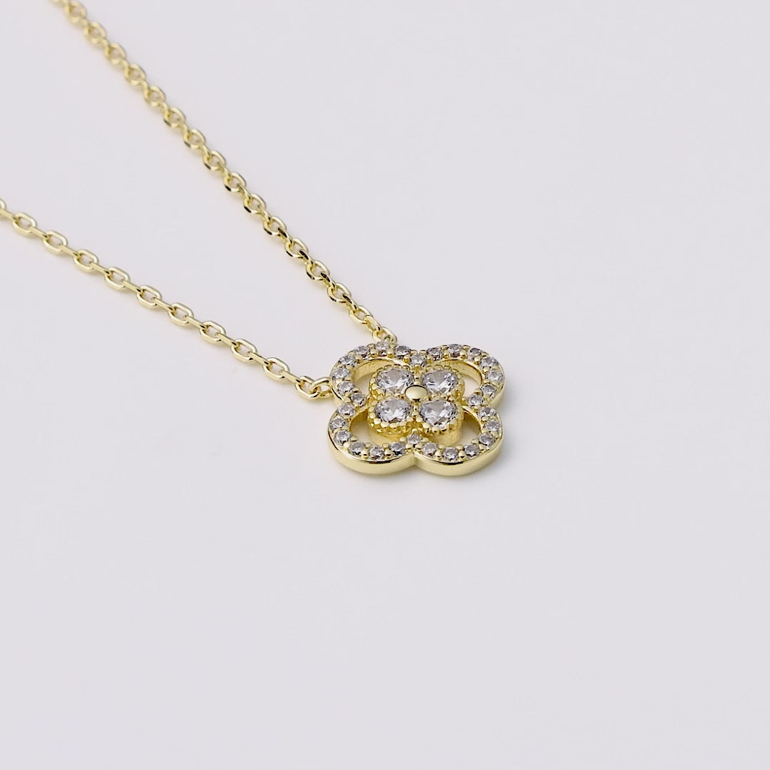 18k Gold Plated Clover Halo Necklace Created with Zircondia® Crystals