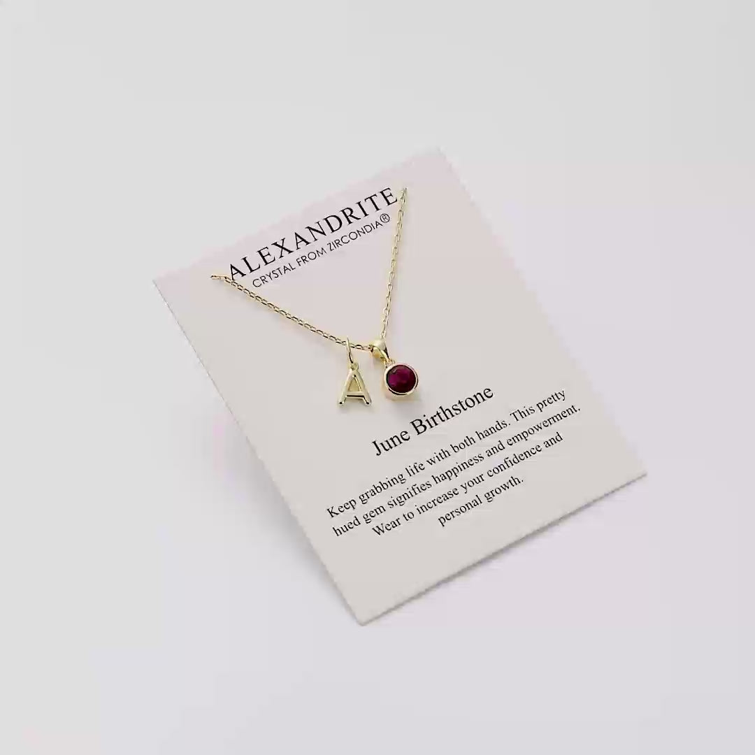 Customisable Gold Plated June (Alexandrite) Birthstone Necklace with Option of Initial Charms (A-Z)