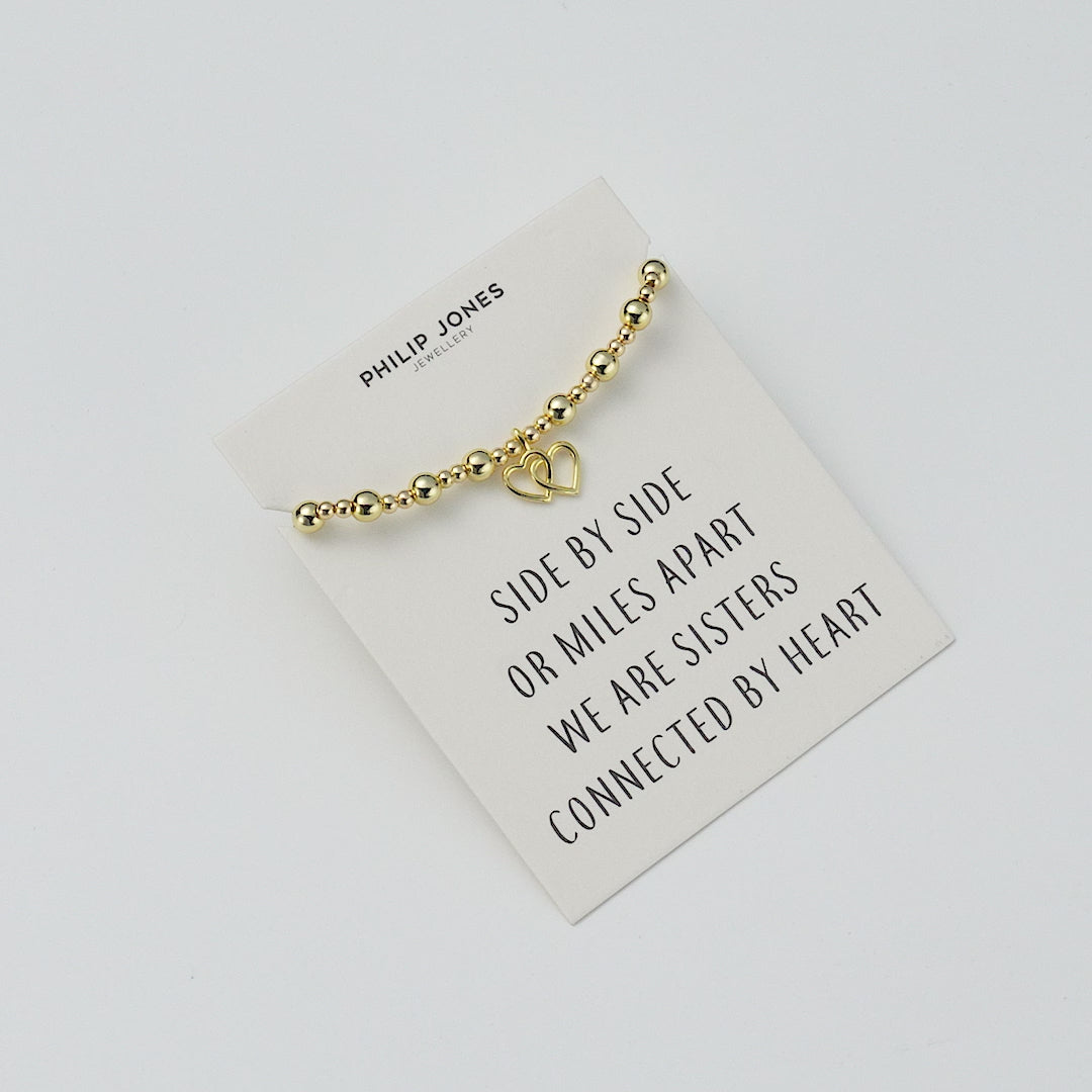 18k Gold Plated Heart Link Beaded Stretch Sister Bracelet with Quote Card