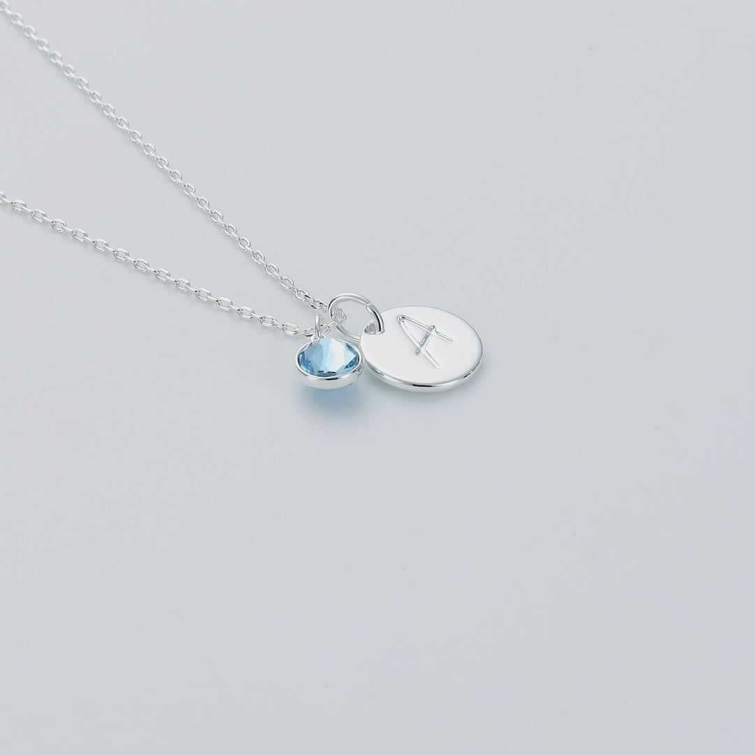 March (Aquamarine) Birthstone Necklace with Initial Charm (A to Z) Created with Zircondia® Crystals