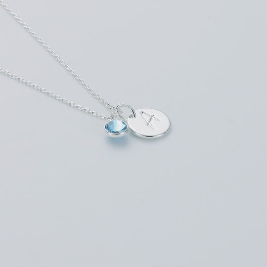 March (Aquamarine) Birthstone Necklace with Initial Charm (A to Z) Created with Zircondia® Crystals