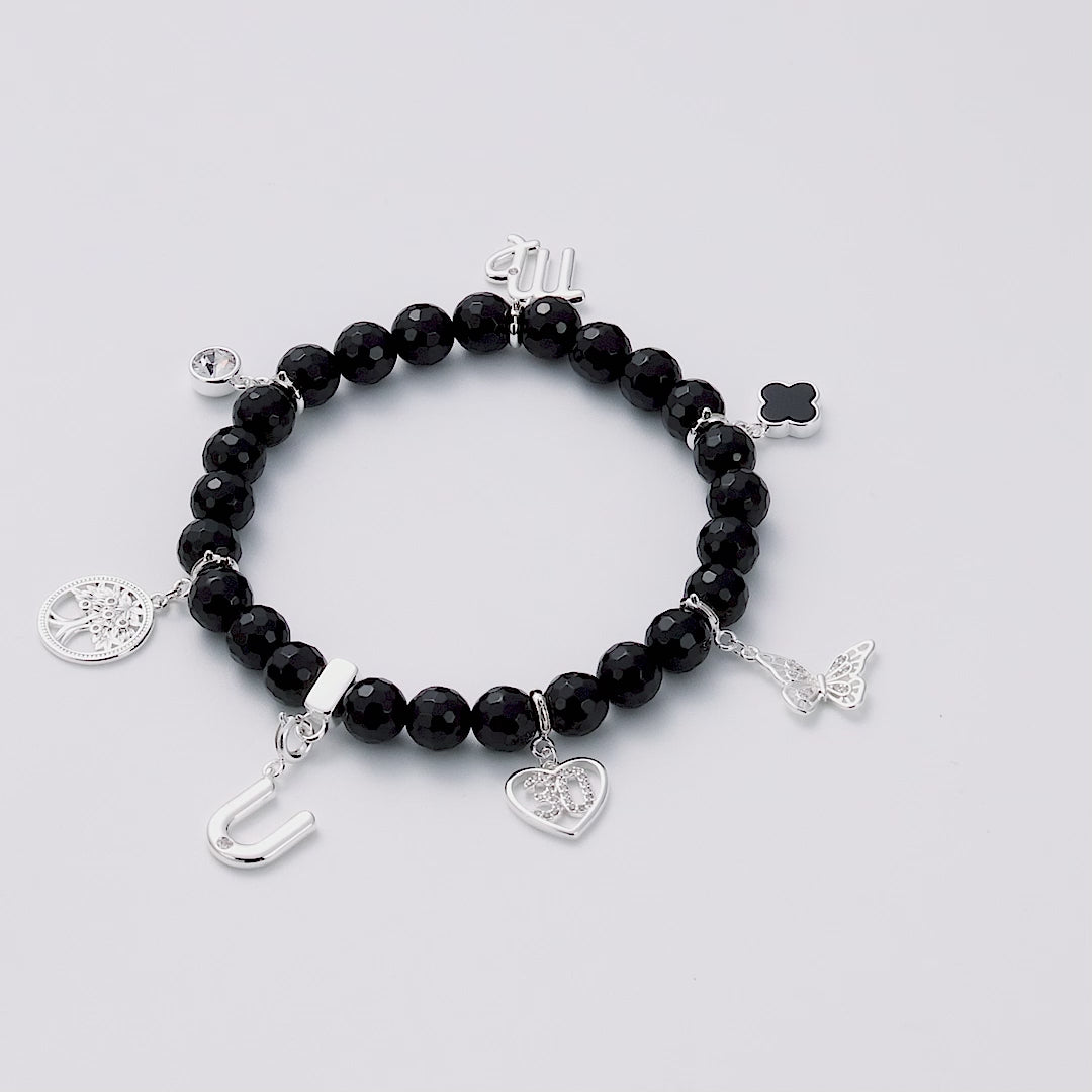 Faceted Black Onyx Gemstone Stretch Bracelet with Option of Charms
