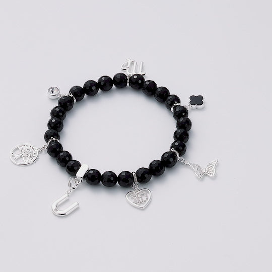 Faceted Black Onyx Gemstone Stretch Bracelet with Option of Charms