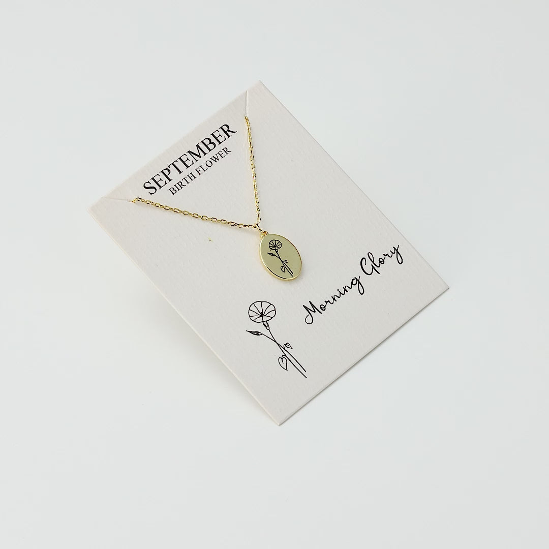 18k Gold Plated September Birth Flower Morning Glory Necklace with Card