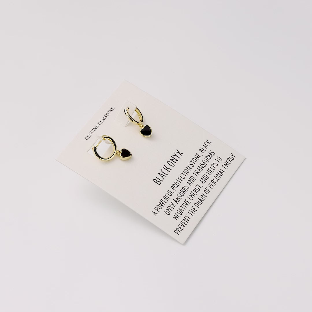 18k Gold Plated Black Onyx Gemstone Heart Charm Hoop Earrings with Quote Card