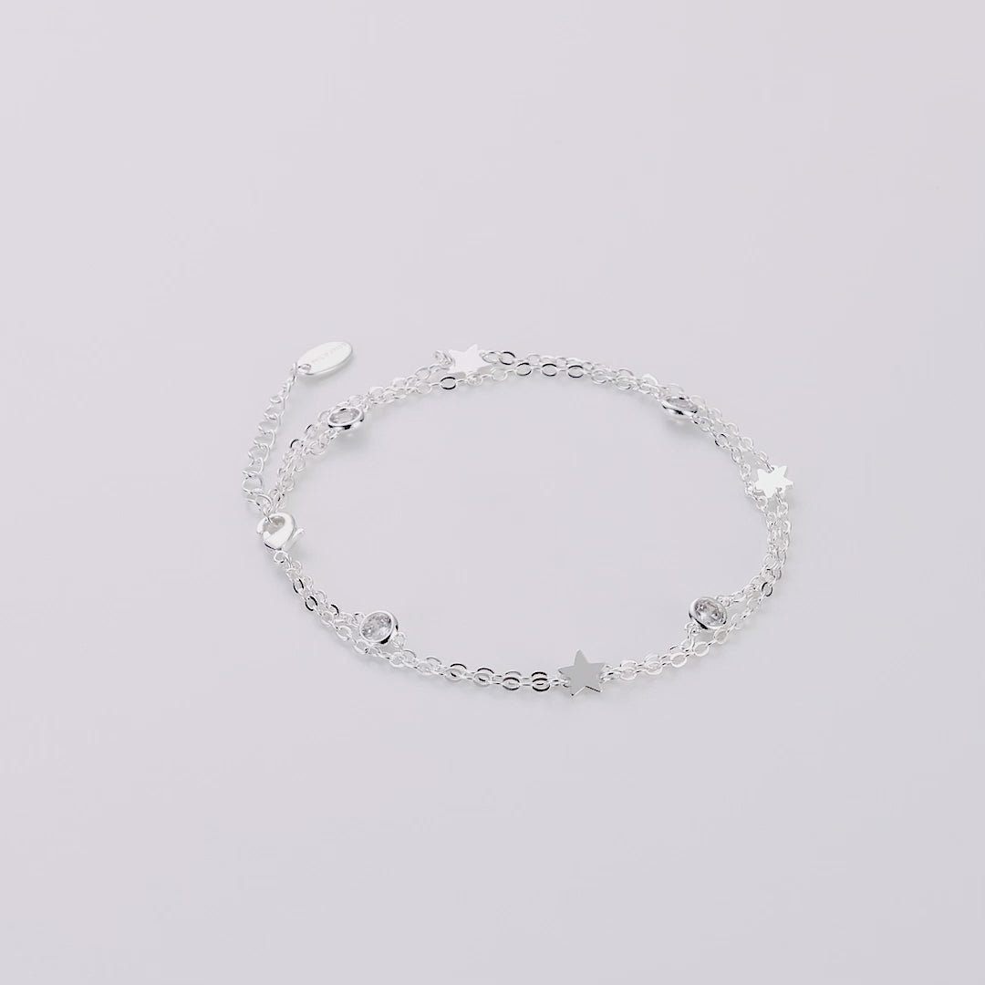 Silver Plated Layered Star Anklet Created with Zircondia® Crystals