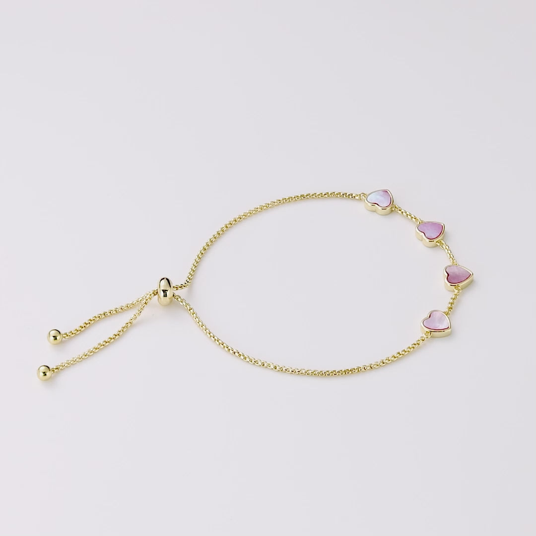 18k Gold Plated Pink Mother Of Pearl Gemstone Multi Heart Friendship Slider Bracelet with Quote Card