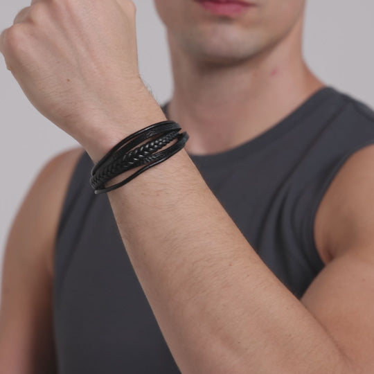 Men's Genuine Black Leather Bracelet with Stainless Steel Clasp Video