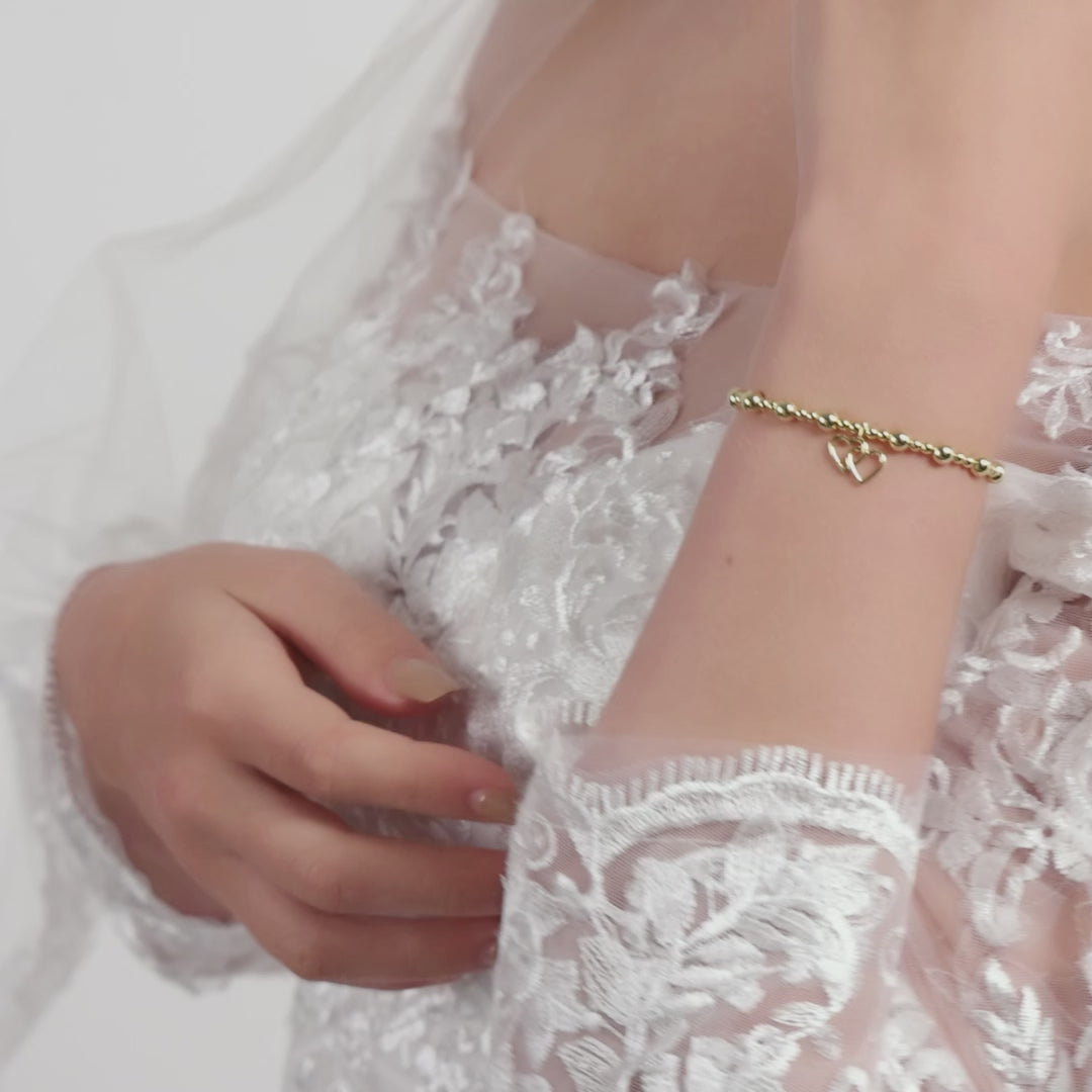 Gold Plated Heart Link Beaded Stretch Bridal Bracelet