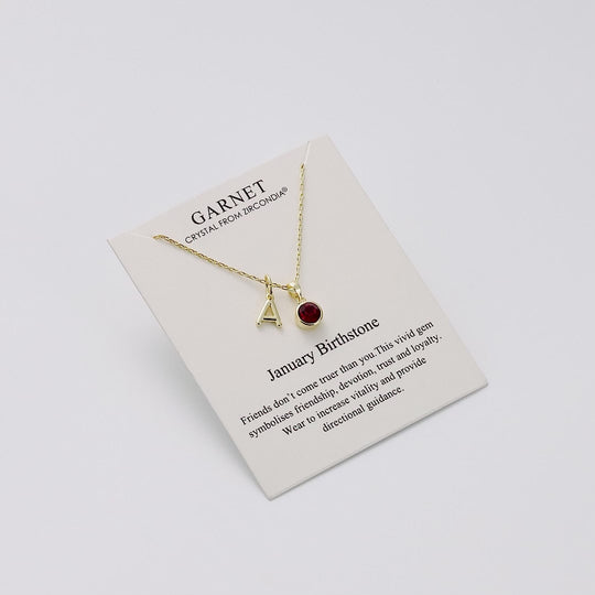 Customisable Gold Plated January (Garnet) Birthstone Necklace with Option of Initial Charms (A-Z)