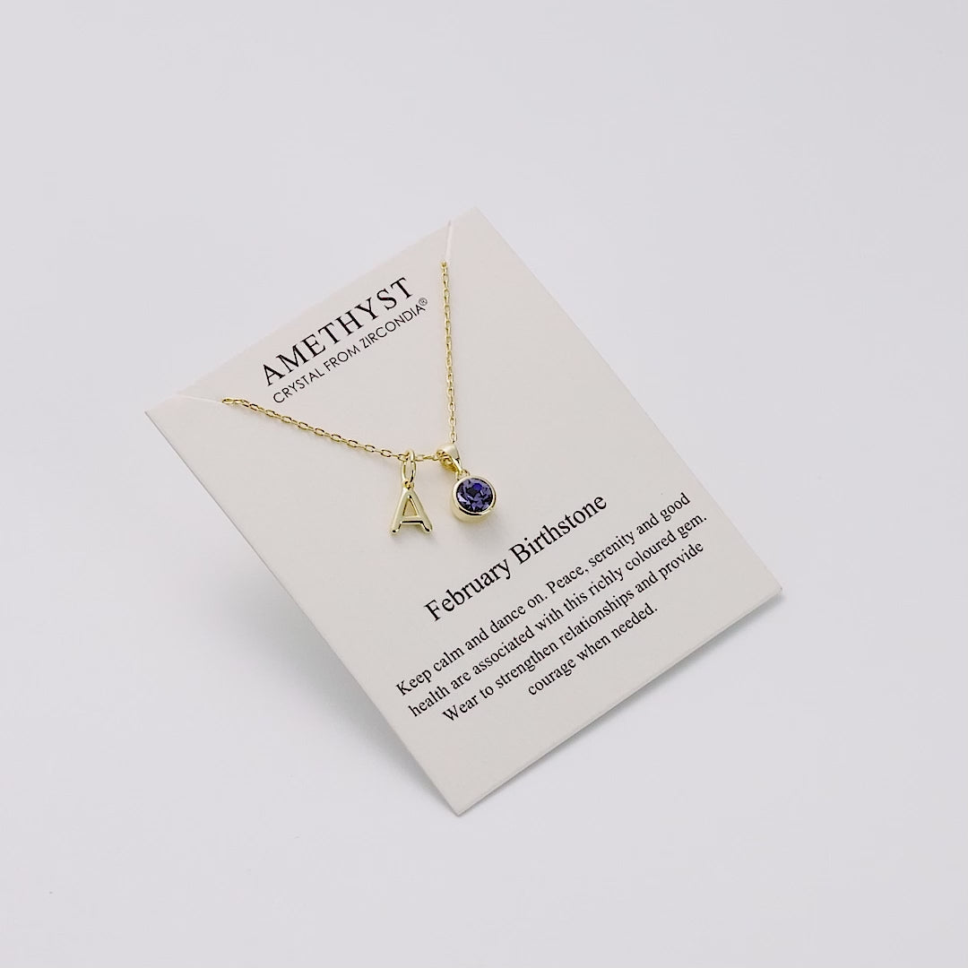 Customisable Gold Plated February (Amethyst) Birthstone Necklace with Option of Initial Charms (A-Z)