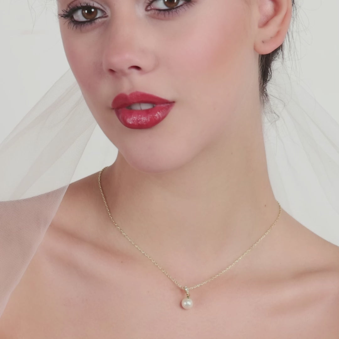 Gold Plated Pearl Drop Bridal Necklace Created with Zircondia® Crystals