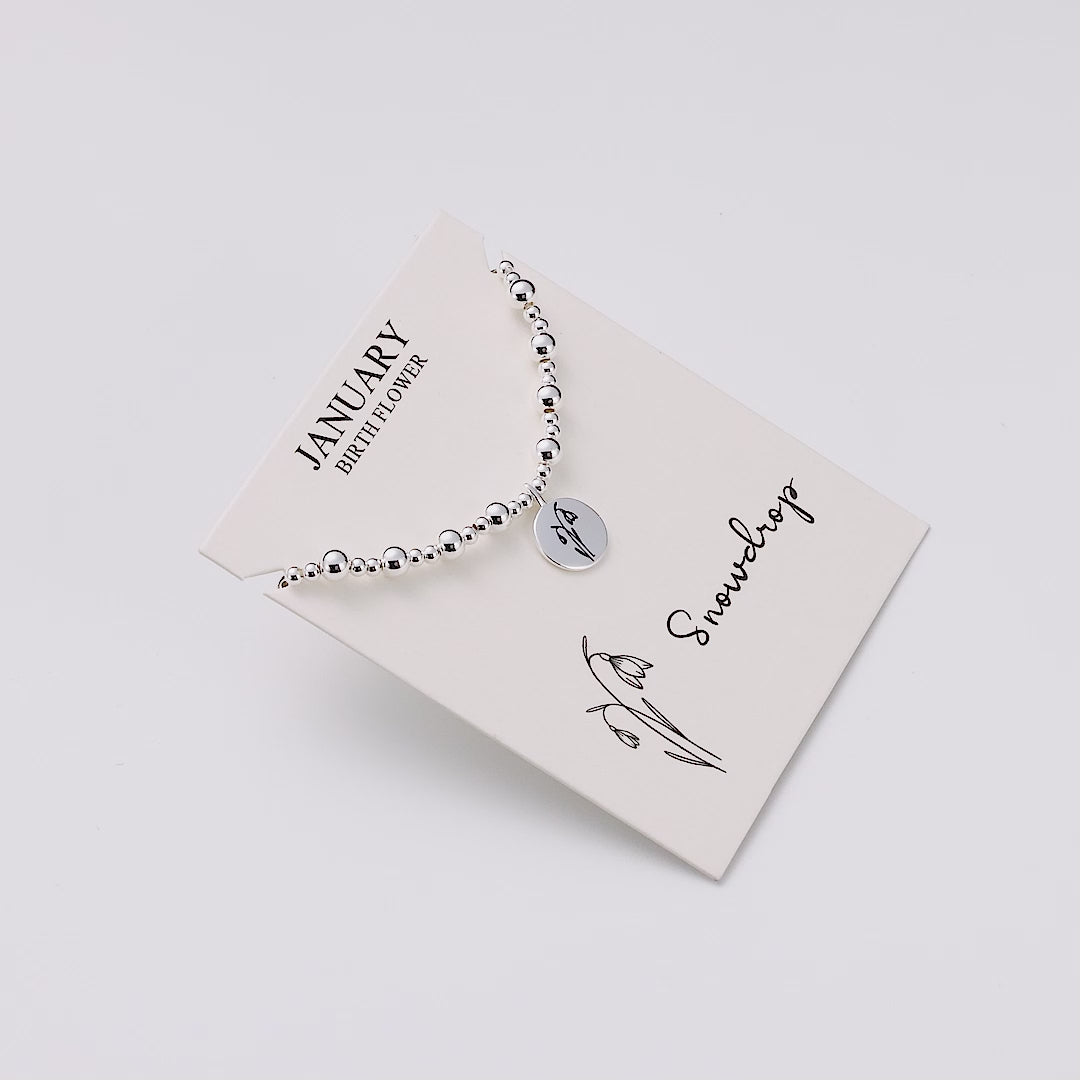 January Birth Flower Snowdrop Beaded Stretch Bracelet