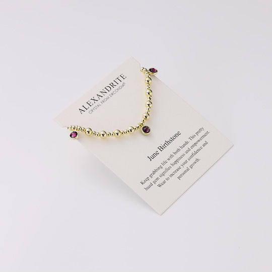 18k Gold Plated June (Alexandrite) Birthstone Stretch Charm Bracelet with Quote Card