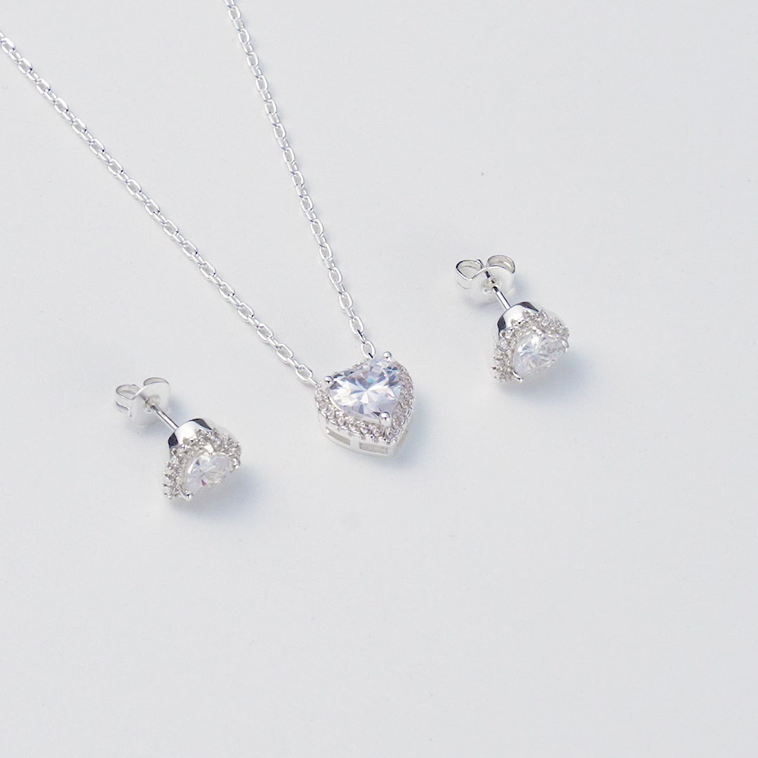Silver Plated Heart Halo Set Created with Zircondia® Crystals