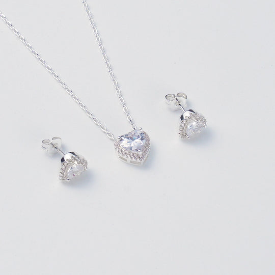 Silver Plated Heart Halo Set Created with Zircondia® Crystals