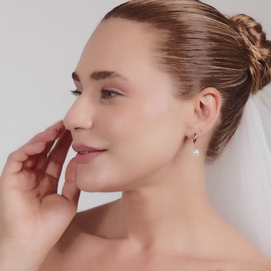 Rose Gold Plated Pearl Drop Bridal Hoop Earrings