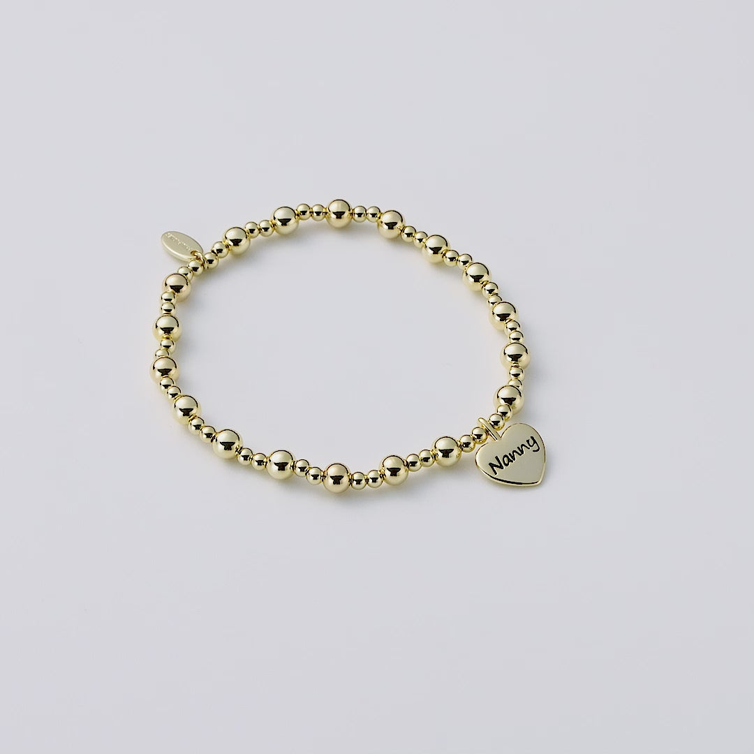 Gold Plated Nanny Heart Charm Beaded Stretch Bracelet