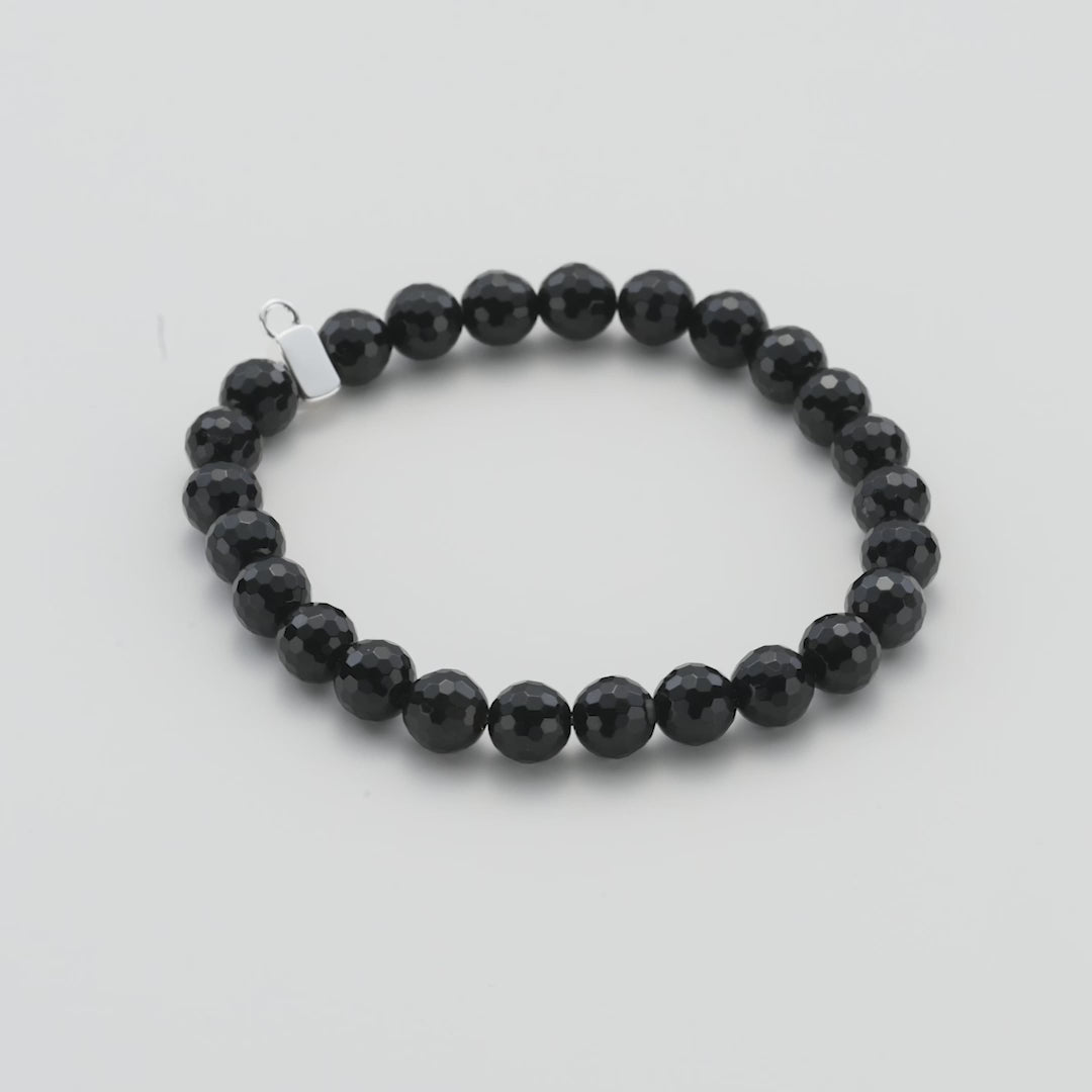 Faceted Black Onyx Gemstone Stretch Bracelet with Charm Created with Zircondia® Crystals Video