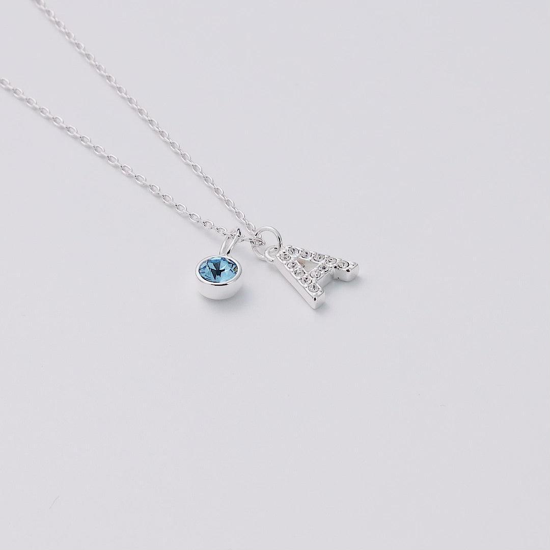 Customisable Silver Plated Pave Initial Necklace (A-Z) with Option of Birthstone Charm
