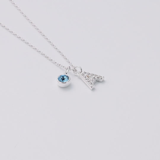 Customisable Silver Plated Pave Initial Necklace (A-Z) with Option of Birthstone Charm