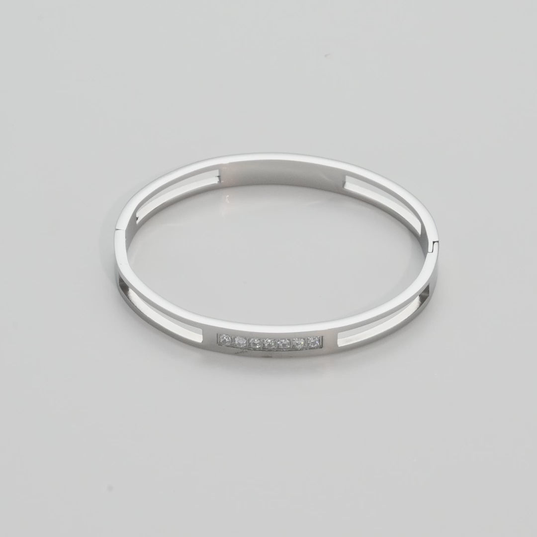 Stainless Steel Channel Bangle Created with Zircondia® Crystals Video