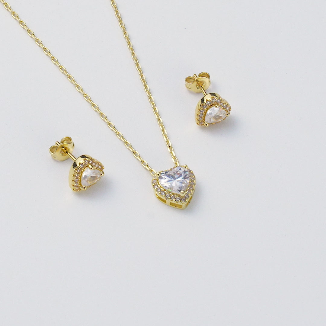 18k Gold Plated Heart Halo Set Created with Zircondia® Crystals