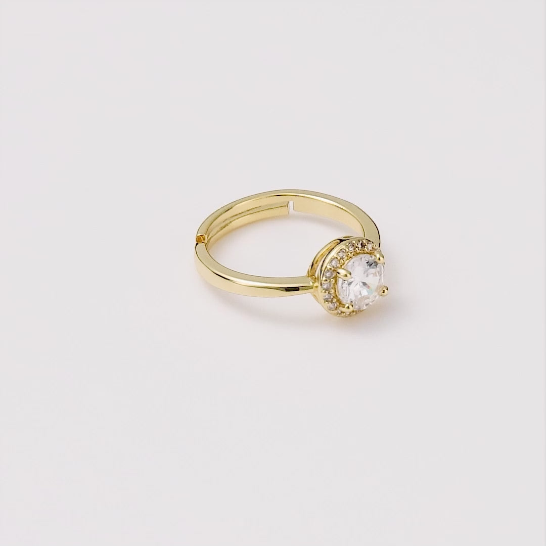 Gold Plated Round Halo Ring Created with Zircondia® Crystals