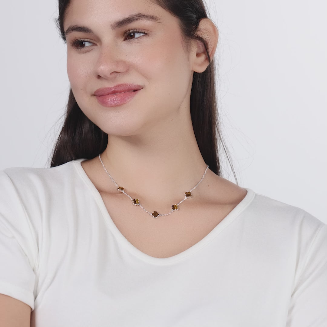 Tigers Eye Gemstone Multi Clover Necklace