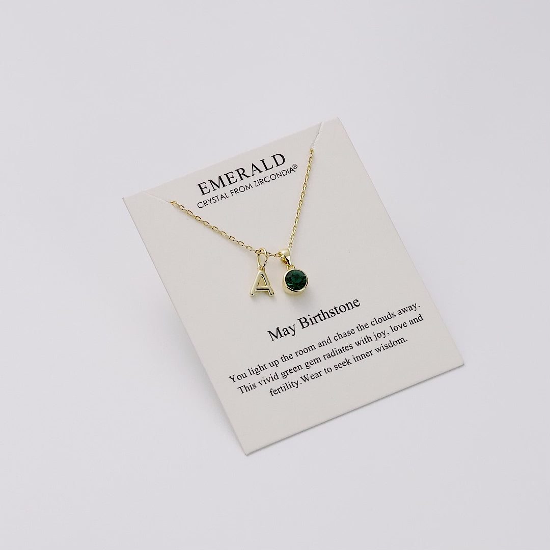 Customisable Gold Plated May (Emerald) Birthstone Necklace with Option of Initial Charms (A-Z)