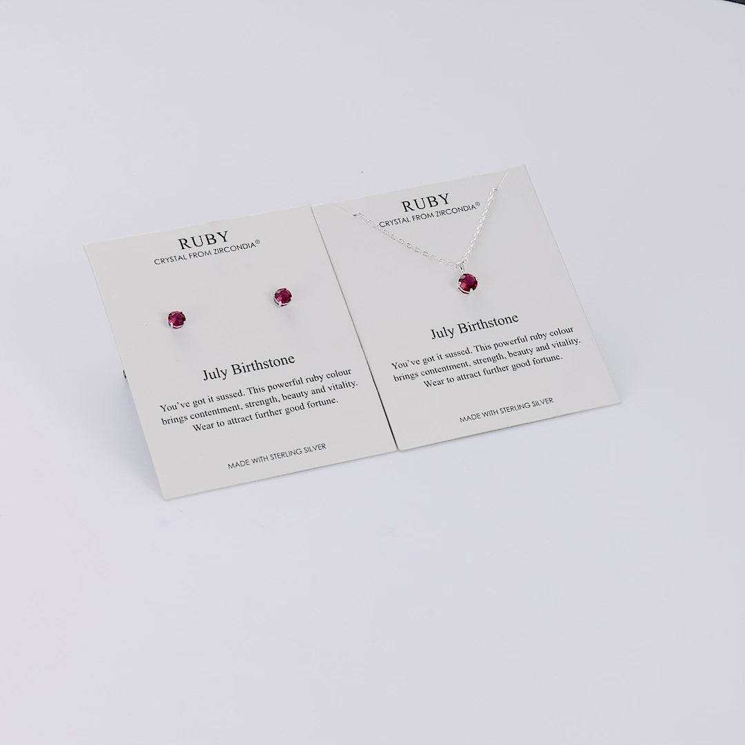 Sterling Silver July (Ruby) Birthstone Necklace & Earrings Set Created with Zircondia® Crystals