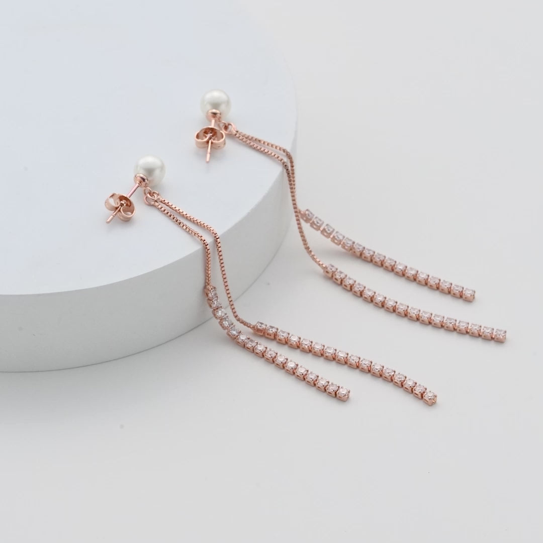 Rose Gold Plated Pearl Dangle Earrings Created with Zircondia® Crystals Video