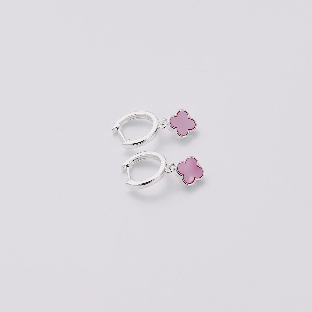 Pink Mother of Pearl Gemstone Clover Charm Hoop Earrings