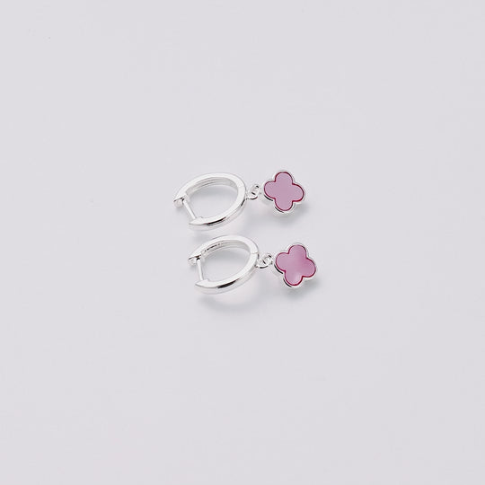 Pink Mother of Pearl Gemstone Clover Charm Hoop Earrings