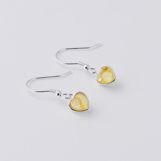 Sterling Silver Amber Heart Drop Earrings