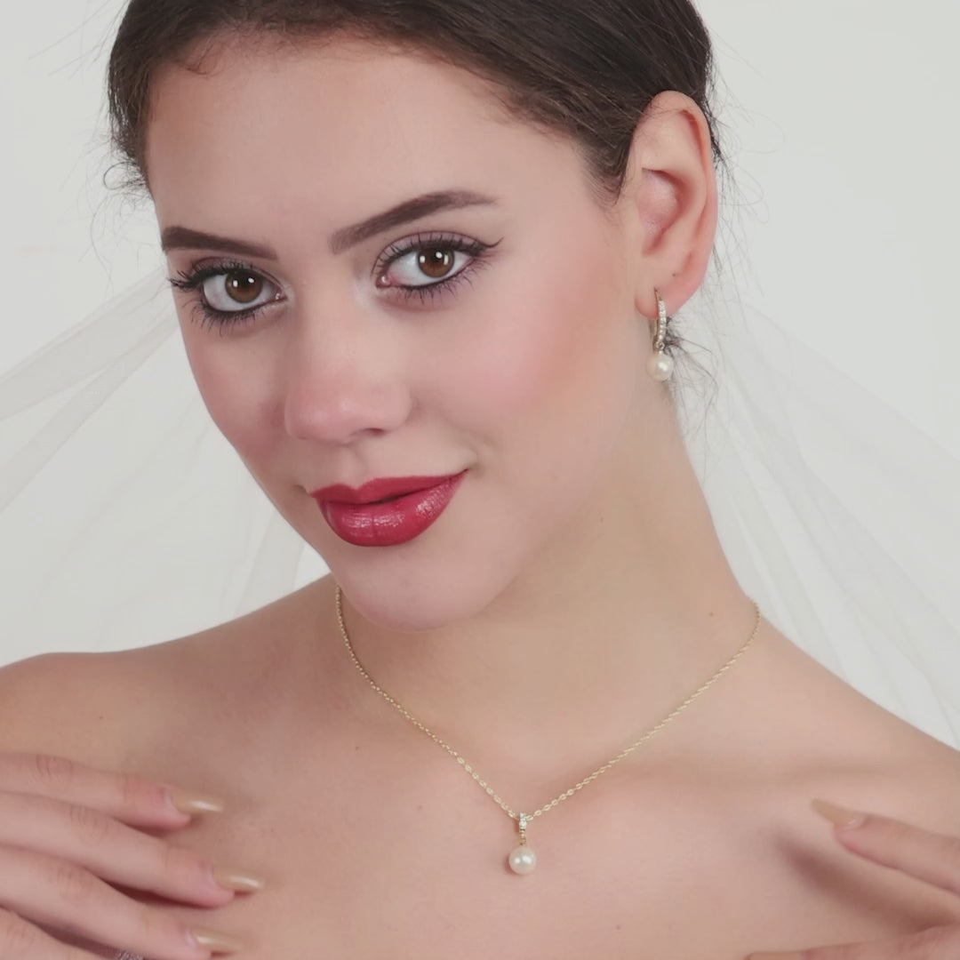 Gold Plated Pearl Drop Bridal Set Created with Zircondia® Crystals