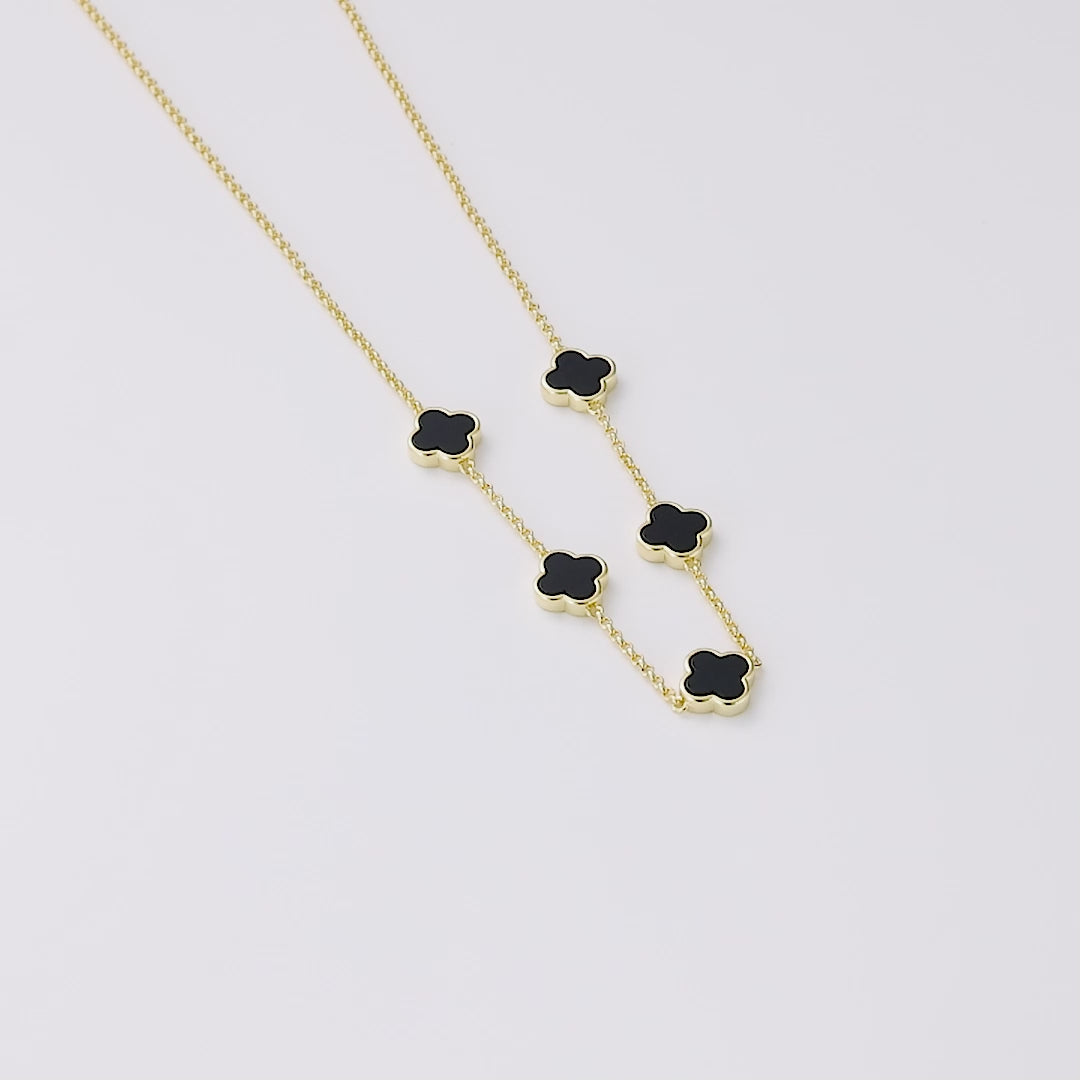 18k Gold Plated Black Onyx Gemstone Multi Clover Necklace
