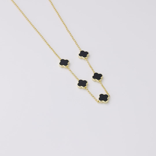 18k Gold Plated Black Onyx Gemstone Multi Clover Necklace