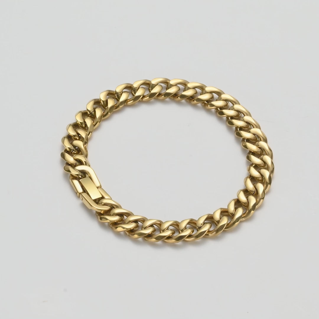 Men's 9mm Gold Plated Stainless Steel 7.5-8.5 Inch Curb Chain Bracelet Video