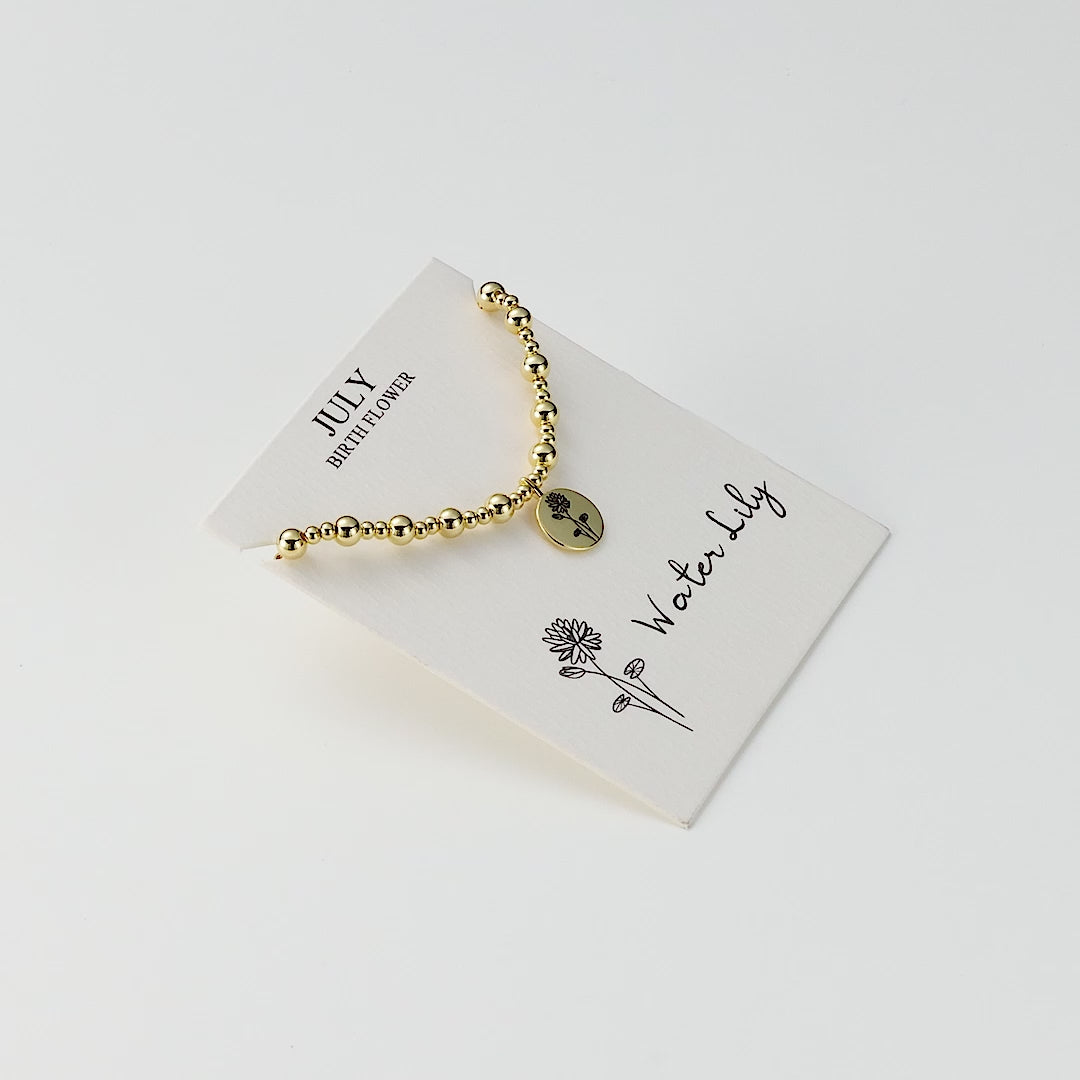 18k Gold Plated July Birth Flower Water Lily Beaded Stretch Bracelet with Card