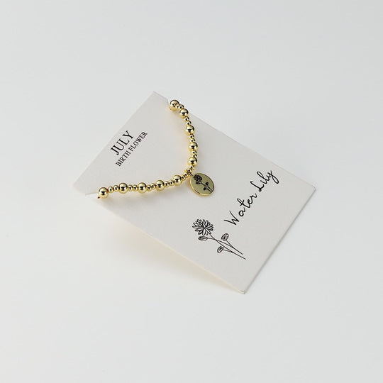 18k Gold Plated July Birth Flower Water Lily Beaded Stretch Bracelet with Card
