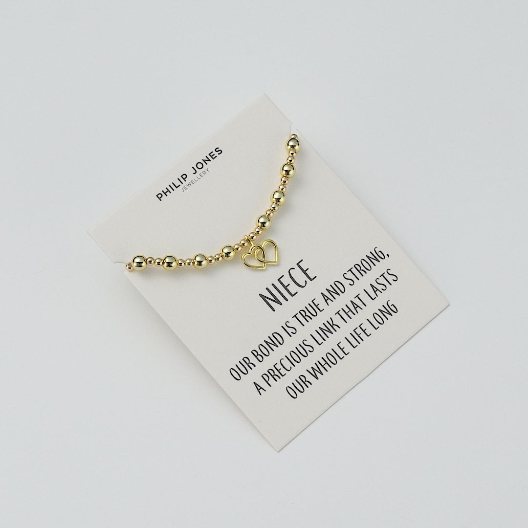 18k Gold Plated Niece Heart Link Beaded Stretch Bracelet with Quote Card