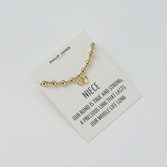 18k Gold Plated Niece Heart Link Beaded Stretch Bracelet with Quote Card
