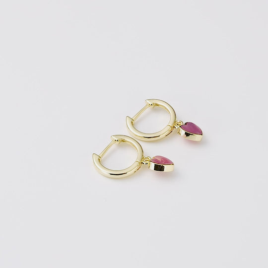 18k Gold Plated Pink Mother of Pearl Gemstone Heart Charm Hoop Earrings