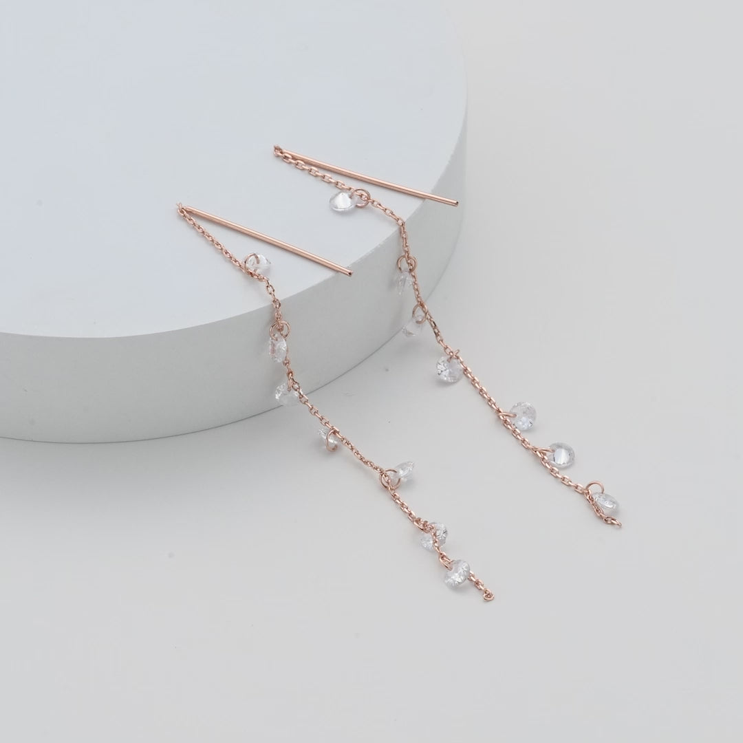 Rose Gold Plated Dangle Thread Earrings Created with Zircondia® Crystals Video
